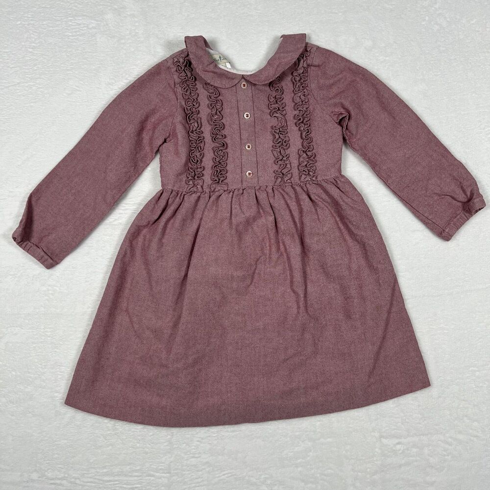 Olive Juice Girls Dress Size 3 Mauve Cotton Long Sleeve Ruffle Peter Pan Collar